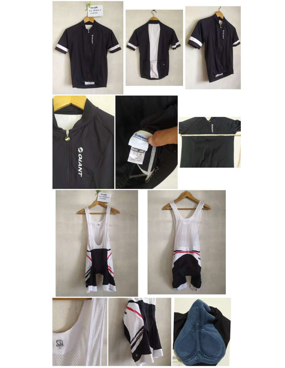 เสื้อจักรยาน Giant แท้<br /><br /><br />- made in Spain<br />- size M AISA ( US/EU : S )<br />- วัดอก 17.5 นิ้ว ( วัดยืดสุด 20.5-21 นิ้ว ) ยาว 21.5 นิ้ว<br />- ผ้า 90% Polyester , 10% Elastan<br />- ซิปเต็ม , กระเป๋าหลัง 3 ช่อง<br />- มือสอง สะอาด สภาพดี ไม่ขาดไม่รู พร้อมใช้งาน<br /><br />* ส่วนที่สีขาวไม่ขาวโอโม่<br /><br /><br />ขาย 600 บาท<br />ส่งลงทะเบียน +30 บาท / ส่งอีเอ็ม<br /><br /><br />.........<br /><br /><br />เอี๊ยมปั่นจักรยาน Pearl iZumi made in Japan ( 3D NEO PLUS )<br /><br /><br />- made in Japan<br />- size M<br />- วัดเอวก่อนยืด 12.5 ( ยืดสุด 19-19.5 นิ้ว ) / ยาว 32 นิ้ว / Inseam 9 นิ้ว / ปลายขาทั้ง 2 ข้าง 7.5นิ้ว<br />- เป่าฟองน้ำชามัวร์ Pearl iZumi 3D ปลายดับเบิ้ลริม<br />- มือสอง สะอาด สภาพดี ไม่ขาดไม่รูไม่ย้วย พร้อมใช้งาน<br /><br />**** มีคนลองใส่ สูง 177 ซ.ม. หนัก 68 ก.ก. สภาพร่างกายไม่ฟิต มาใส่ได้พอดี ตามรูป<br /><br />** ผ่านการใช้งานมาแล้ว **<br /><br />**** มีรอยการใช้งาน เสียดสีตรงเป้าด้านบน ไม่บาง ทำให้ดูไม่สวยสุดๆ<br /><br />**** ใช้งานได้ปกติ<br /><br /><br />ขาย 600 บาท<br />ส่งลงทะเบียน +40 บาท / ส่งอีเอ็มเอส +60 บาท