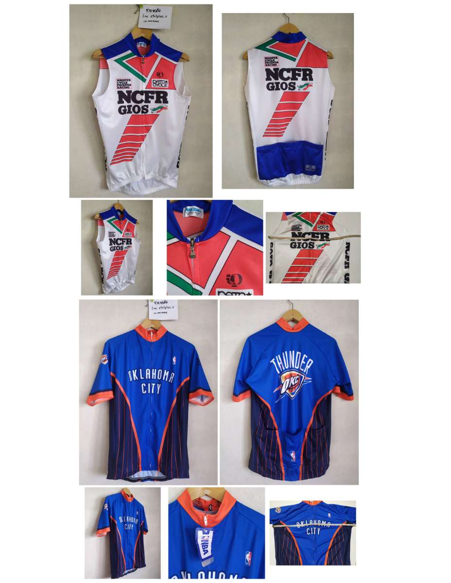 เสื้อจักรยาน NAGOYA CYCLE FRIENDS RACING made in Japan <br /><br /><br />- PEARL IZUMi made in Japan <br />- size L <br />- วัดอก 19 นิ้ว ( วัดยืดสุด 21 นิ้ว ) ยาว 25 นิ้ว <br />- มือสอง สะอาด สภาพดี ไม่ขาดไม่รู พร้อมใช้งาน <br /><br /><br />* เกือบสวยสุดแล้ว ที่จับรูดซิปหลุด ( ยางพลาสติก ) ครึ่ง แต่ใช้งานได้ปกติ <br /><br />* สกรีนโลโก้ PEARL IZUMi หน้าอกหลุดไม่เต็ม <br /><br />* สกรีนโลโก้รีเฟล็กซ์บนมุมกระเป๋าหลังล่างขวา ยังดูเต็ม <br /><br /><br /><br />ขาย 800 บาท ส่งลงทะเบียน +30 บาท ส่งอีเอ็มเอส +50 บาท<br /><br /><br /><br />.................<br /><br /><br />เสื้อจักรยาน Vomax ลายทีม NBA Oklahoma City Thunder แท้<br /><br /><br />- made in USA<br />- size M<br />- วัดอก 23 นิ้ว ( วัดยืดสุด 27-27.5 นิ้ว ) ยาว 27 นิ้ว<br />- ผ้า 100% ผ้าลายลูกกอล์ฟ , ผ้าข้างระบายอากาศ<br />- ซิปเต็ม , กระเป๋าหลัง 3 ช่อง<br />- ของใหม่ยังไม่ได้ใช้งาน<br /><br /><br />ขาย 700 บาท<br />ส่งลงทะเบียน +30 บาท / ส่งอีเอ็มเอส +50 บาท