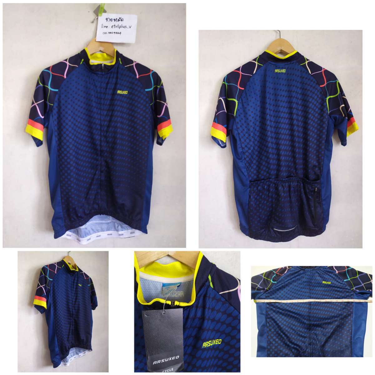 เสื้อจักรยาน ARSUXEO ของใหม่ยังไม่ได้ใช้งาน<br /><br /><br />- made in China<br />- size M<br />- วัดอก 20.5 นิ้ว ( วัดยืดสุด 23-23.5 นิ้ว ) ยาว 24.5 นิ้ว<br />- ผ้า 100% Polyester ผ้าลายลูกกอล์ฟ , ผ้าข้างตาข่ายระบายอากาศ<br />- ซิปเต็ม , กระเป๋าหลัง 3 ช่อง , 1 ซิปข้าง<br />- ของใหม่ยังไม่ได้ใช้งาน<br /><br /><br />ขาย 500 บาท<br />ส่งลงทะเบียน +30 บาท / ส่งอีเอ็มเอส +50 บาท
