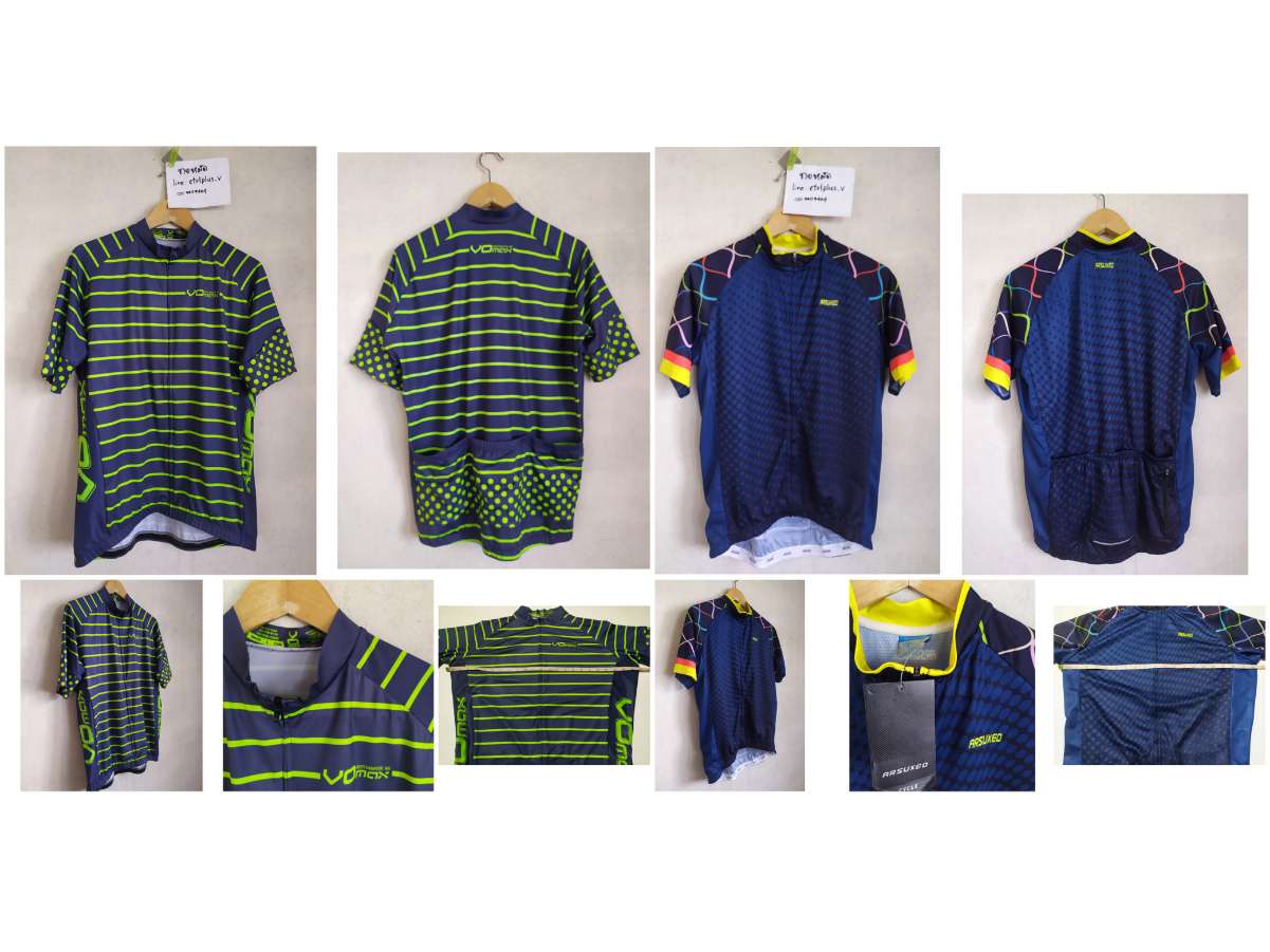 เสื้อจักรยาน Vomax<br /><br /><br />- สีกรมท่า ลายเขียวแสด<br />- made in USA<br />- size L<br />- วัดอก 24 นิ้ว ( วัดยืดสุด 29-29.5 นิ้ว ) ยาว 25 นิ้ว<br />- ผ้า 80% Polyester, 20% Lycra ผ้าแอโร่ , ผ้าข้างระบายอากาศ , ปลายแขนดับเบิ้ลริม<br />- ซิปเต็ม , กระเป๋าหลัง 3 ช่อง<br />- มือสอง สะอาด สภาพดี ไม่ขาดไม่รู พร้อมใช้งาน<br /><br /><br />ขาย 600 บาท<br />ส่งลงทะเบียน +30 บาท / ส่งอีเอ็มเอส +50 บาท <br /><br /><br />...........<br /><br /><br />เสื้อจักรยาน ARSUXEO ของใหม่ยังไม่ได้ใช้งาน<br /><br /><br />- made in China<br />- size M<br />- วัดอก 20.5 นิ้ว ( วัดยืดสุด 23-23.5 นิ้ว ) ยาว 24.5 นิ้ว<br />- ผ้า 100% Polyester ผ้าลายลูกกอล์ฟ , ผ้าข้างตาข่ายระบายอากาศ<br />- ซิปเต็ม , กระเป๋าหลัง 3 ช่อง , 1 ซิปข้าง<br />- ของใหม่ยังไม่ได้ใช้งาน<br /><br /><br />ขาย 500 บาท<br />ส่งลงทะเบียน +30 บาท / ส่งอีเอ็มเอส +50 บาท