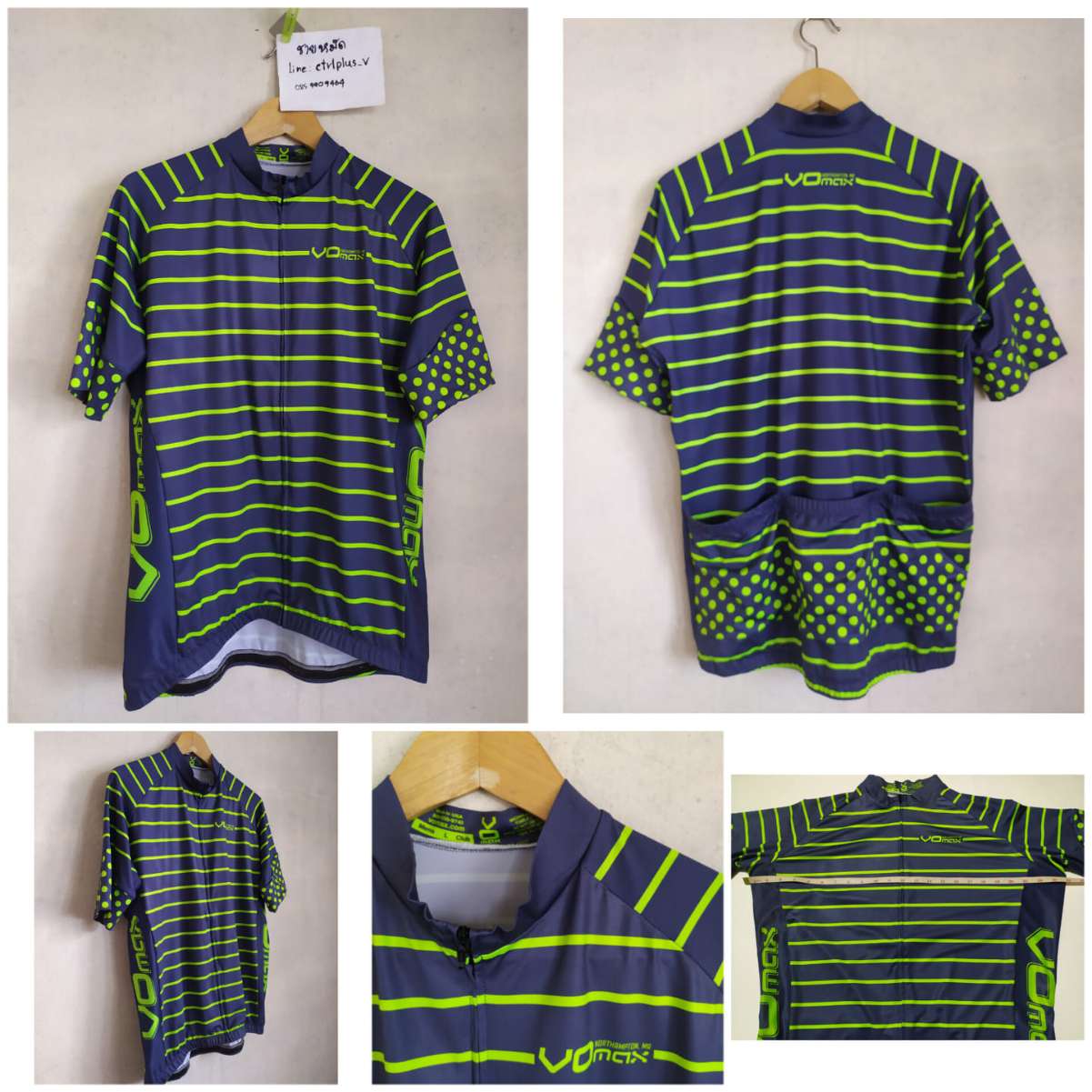 เสื้อจักรยาน Vomax<br /><br /><br />- สีกรมท่า ลายเขียวแสด<br />- made in USA<br />- size L<br />- วัดอก 24 นิ้ว ( วัดยืดสุด 29-29.5 นิ้ว ) ยาว 25 นิ้ว<br />- ผ้า 80% Polyester, 20% Lycra ผ้าแอโร่ , ผ้าข้างระบายอากาศ , ปลายแขนดับเบิ้ลริม<br />- ซิปเต็ม , กระเป๋าหลัง 3 ช่อง<br />- มือสอง สะอาด สภาพดี ไม่ขาดไม่รู พร้อมใช้งาน<br /><br /><br />ขาย 600 บาท<br />ส่งลงทะเบียน +30 บาท / ส่งอีเอ็มเอส +50 บาท