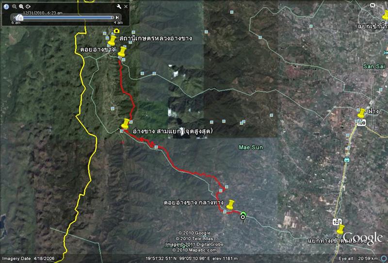 แผนที่จาก google earth สีแดงเป็นช่วงที่เปิด GPS เป็นช่วงขึ้นดอยอ่างขางพอดี