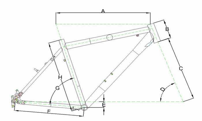 COM 1.0 <br />Frame size Top tube(A) Head tube length(B) Fork length(C) Head tube angle(D) Bottom bracket drop(E) Chain stays(F) Seat tube angle(G) Seat tube(H) <br />15" 548mm 130mm 446mm 71° 40mm 425mm 67.7° 381mm <br />17" 563.1mm 130mm 446mm 71° 40mm 425mm 67.7° 432mm <br />19" 578mm 130mm 446mm 71° 40mm 425mm 67.7° 483mm <br />21" 592.8mm 140mm 446mm 71° 40mm 425mm 67.7° 533mm