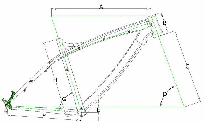 Frame size Top tube(A) Head tube length(B) Fork length(C) Head tube angle(D) Bottom bracket drop(E) Chain stays(F) Seat tube angle(G) Seat tube(H) <br />15.5 560mm 95mm 481mm 71° 45mm 430mm 73° 394mm <br />17.5 580mm 105mm 481mm 71° 45mm 430mm 73° 445mm <br />19 605mm 115mm 481mm 71° 45mm 430mm 73° 483mm <br />21 630mm 125mm 481mm 71° 45mm 430mm 73° 533mm
